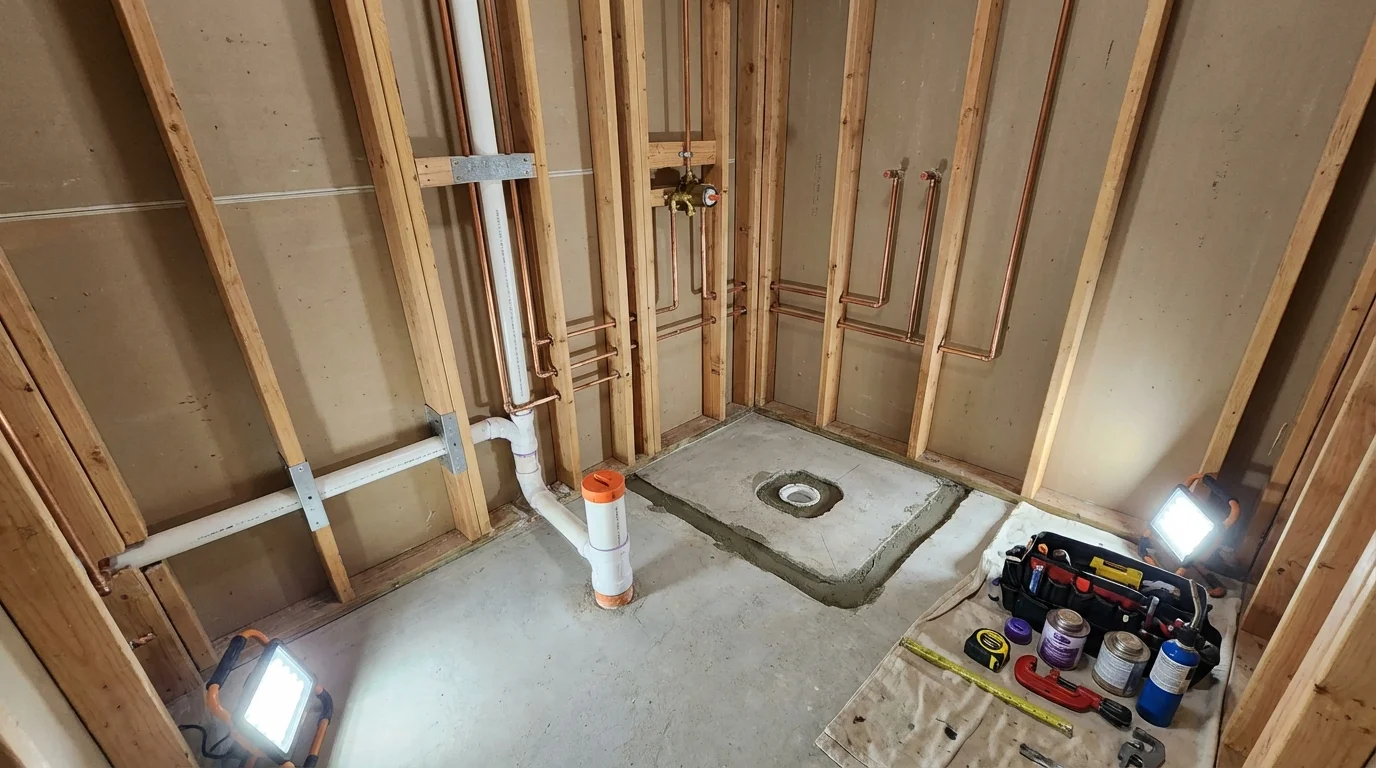 Bathroom rough-in plumbing during remodel by Johns Plumbing LLC in Hatboro